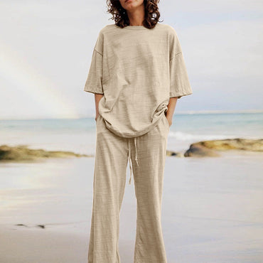 Casual Belt Pocket Set Half-Sleeve O-Neck Top and Wide Leg Pants Set