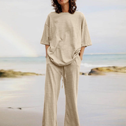 Casual Belt Pocket Set Half-Sleeve O-Neck Top and Wide Leg Pants Set